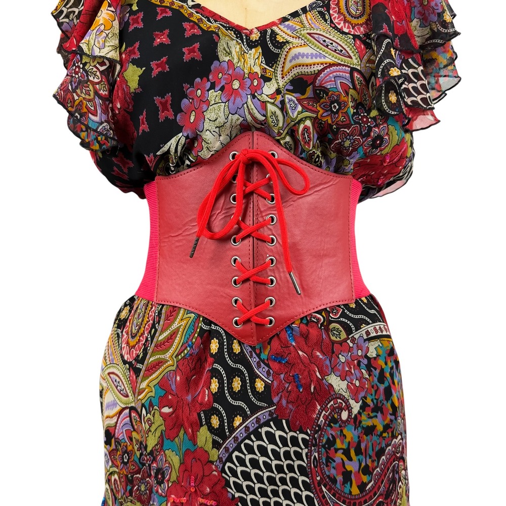 Goth Red Faux Leather Corset Belt Renaissance Lace Up Waist Steampunk Edgy
